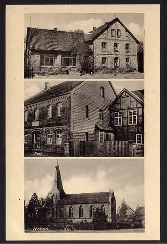 80182 AK Woltorf Schule Post Kirche um 1950