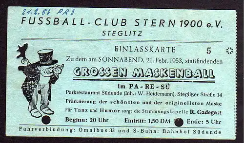 70641 Eintrittskarte Fussball Club Stern e.V. Steglitz