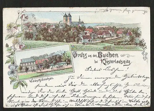 22715 AK Litho Gruss aus d. Buchen Klosterlausnitz Waldschlösschen Pfeilerkirche