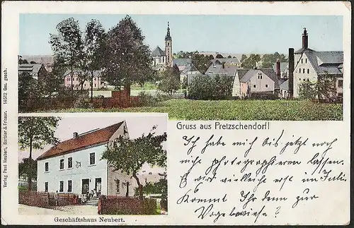 23077 AK Pretzschendorf Geschäftshaus Neubert + Ort, gelaufen 1913