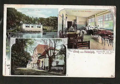 21350 AK Hainspitz Gasthaus am See Kolonaden am See mit Innerem, gelaufen 1906