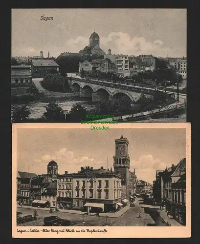 143674 2 AK Sagan Zagan 1908 Panorama mit Brücke Alter Ring Kemplerstraße 1943