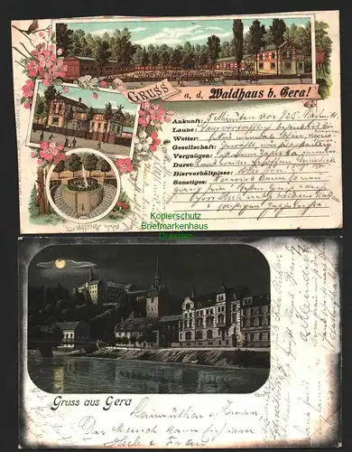 143388 2 AK Litho Waldhaus bei Gera 1898 Schloss Osterstein Mondscheinkarte