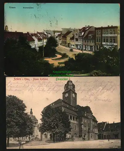 143008 2 AK Artern Bismarckplatz 1915 Drogen Farben ChemikalienNeues Rathaus