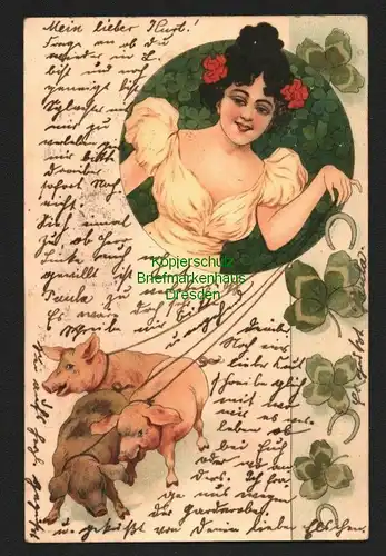 143069 AK Künstlerkarte 1901 Frau Jugendstil Glücksschwein Kleeblätter Flaggenst