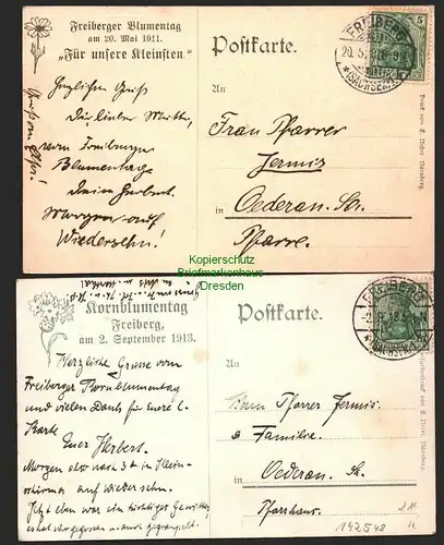 142548 2 AK Freiberg 1911 Künstlerkarte Blumentag Schippchenberg Konblumentag