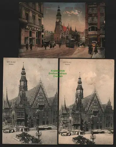 142363 3 AK Breslau Blick auf den Ring Automat Restaurant 1916 Rathaus 1905