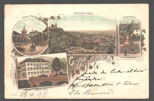 141818 AK Weinheim an der Bergstraße Litho 1898 Roter Turm Hotel Pfälzer Hof