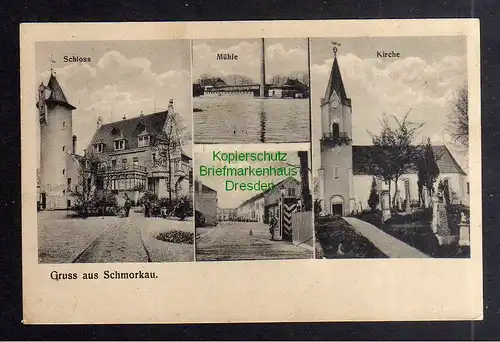 130646 AK Schmorkau 1917 Schloss Mühle Kirche Eingang Kaserne