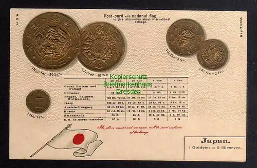 128257 AK Münz Präge Karte Japan Fahne Flagge mit 20 Yen geprägt um 1910