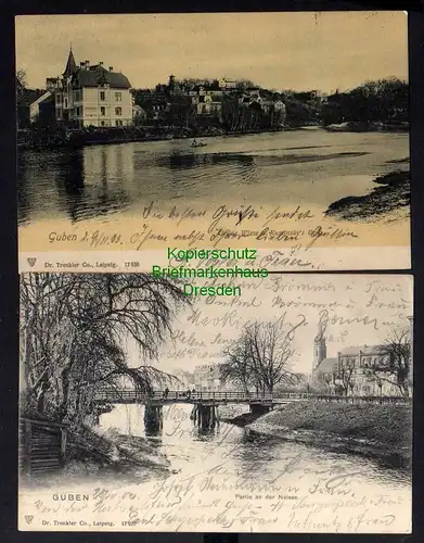 121441 2 AK Guben 1902 Neisse Brücke Grüne Wiese Kaminskys Berg Villen 1903