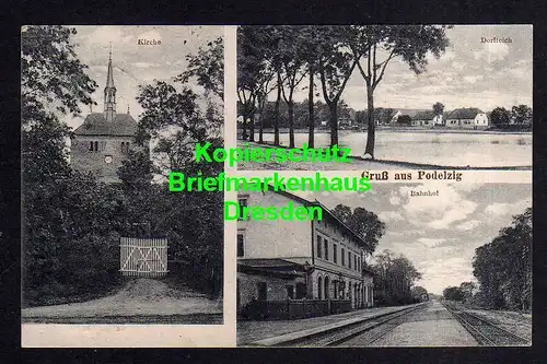 116843 AK Podelzig 1924 Bahnhof Gleisseite Kirche Dorfteich