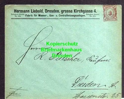 116092 Privatpost Hansa Dresden um 1890 Ganzsache Hermann Liebold Heizungsbau