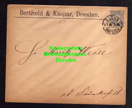 116133 Privatpost Hansa Dresden 1889 Ganzsache Berthold & Kaspar an (Uhrmacher)