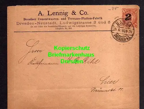 116098 Privatpost Hansa Dresden 1894 Ganzsache Aufdruck "2" A. Lennig & Co. Dres
