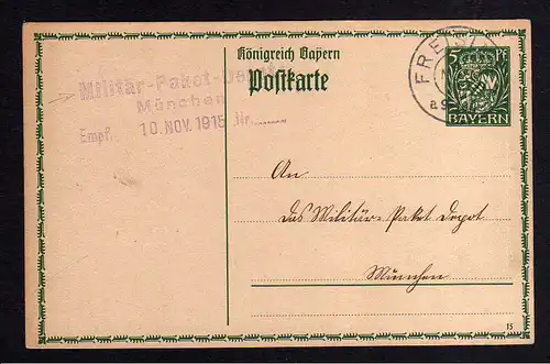 105568 Ganzsache Bayern Freising 1915 Militär Paket Depot München