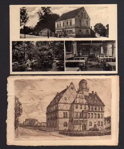 104309 2 AK Zwenkau bei Leipzig Harthschlösschen Gasthaus 1942 Rathaus 1930 Orig