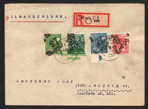 h6032 SBZ Handstempel Bezirk 27 Leipzig C2 Wiederitzsch R-Brief 660 1.7.48