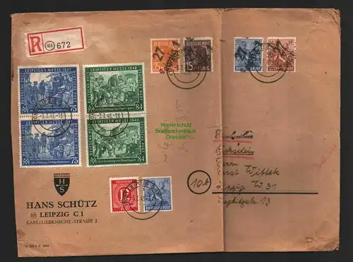h5989 SBZ Handstempel Bezirk 27 Leipzig 1 Brief Einschreiben Rückschein 3.7.48