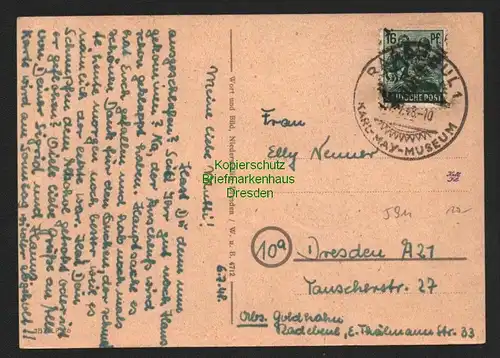 h5911 SBZ Handstempel Bezirk 14 Radebeul Postkarte 10.7.48 SST Karl May Museum