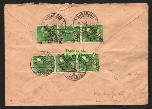 h5936 SBZ Handstempel Bezirk 27 Annaberg u 6x 10 Pfg. auf Briefrückseite