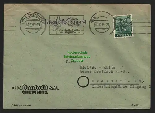 h5964 SBZ Handstempel Bezirk 27 Chemnitz Brief 30.6.48 16 Pfg. Geschäftspapiere