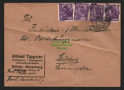 h5938 SBZ Handstempel Bezirk 27 Böhlitz-Ehrenberg 4x 6 Pfg. Brief nach Leipzig