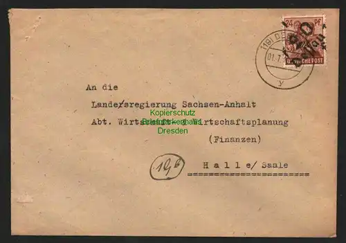 h5924 SBZ Handstempel Bezirk 20 Dessau Brief 1.7.48 an Landesregierung