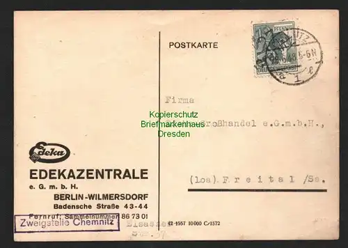 h5963 SBZ Handstempel Bezirk 27 Chemnitz Postkarte 12 Pfg 28.6.48 Edeka Freital