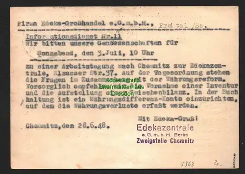 h5963 SBZ Handstempel Bezirk 27 Chemnitz Postkarte 12 Pfg 28.6.48 Edeka Freital