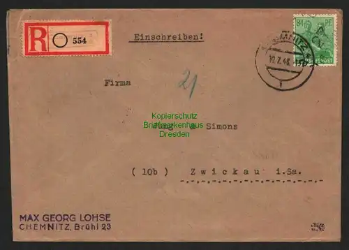 h5968 SBZ Handstempel Bezirk Chemnitz 84 Pfg. R-Brief Einschreiben Zwickau