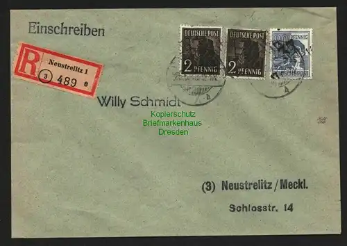 h5843 SBZ Handstempel Bezirk 37 Neustrelitz Brief Einschreiben 2x 2 , 80 Pfg.