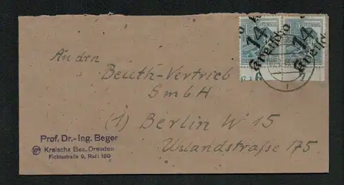 h5552 SBZ Handstempel Bezirk 14 Brief Kreischa 2x 12 Pfg. mit Teil HAN 47 1