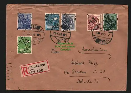 h5816 SBZ Handstempel Bezirk 14 Dresden 23 Brief Einschreiben 50, 80 Pfg violett