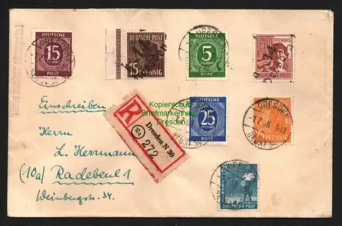 h5805 SBZ Handstempel Bezirk 14 Brief Dresden 1k 15 Pfg. nach Radebeul Zehnfach