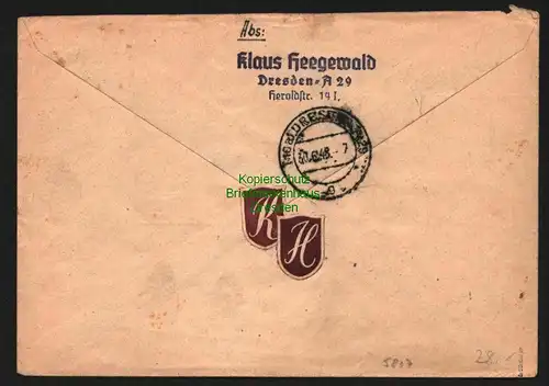 h5807 SBZ Handstempel Bezirk 14 Dresden A1 Brief Einschreiben MiF Zehnfach 26.6.