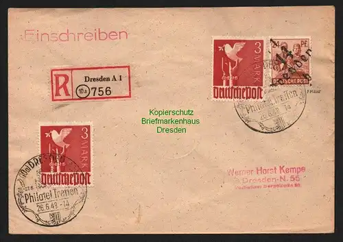 h5806 SBZ Handstempel Bezirk 14 Dresden Brief Einschreiben Kempe MiF Zehnfach