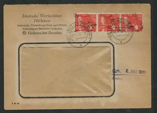 h5232 SBZ Handstempel Bezirk 14 Brief 3x 8 Pfg. Hellerau (Bz Dresden) 1a MeF