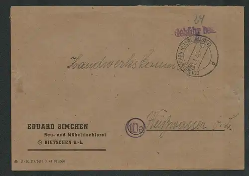 h5310 SBZ Währungsreform 1948 Brief Gebühr bezahlt Rietschen Oberlausitz nach
