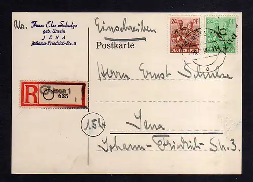 h528 Postkarte Einschreiben Handstempel Bezirk 16 Jena 24 84 Pfg. 09.7.48 gepr.