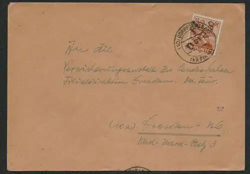 h5155 SBZ Handstempel Bezirk 14 Brief Pirna Dürrröhrsdorf 30.6. nach Dresden
