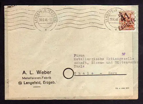 h384 Brief Handstempel Bezirk 41 Lengefeld 30.6.48 Metallwaren Fabrik an Hüttenw