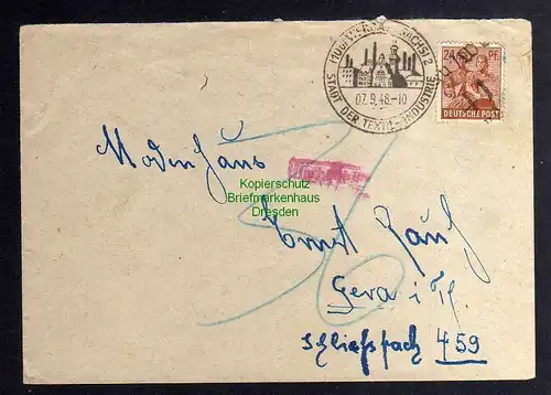 h3221 SBZ Bezirkshandstempel Bezirk 41 Werdau Nachgebühr Bedarfsbrief 07.9.48