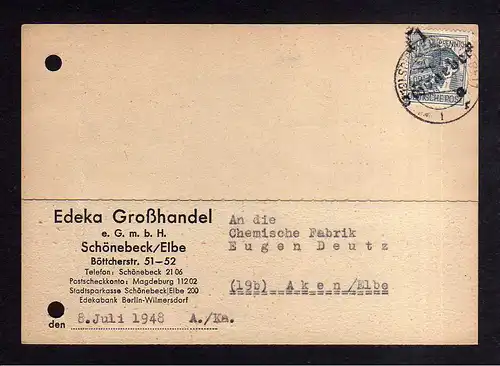 h1707 Handstempel Bezirk 29 Schönebeck 8.7.48 12 Pfg. Postkarte Bedarf nach Aken