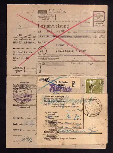 h1972 Handstempel Bezirk 16 Schlotheim 1.7. Nachnahme Paketkarte mit anhängender
