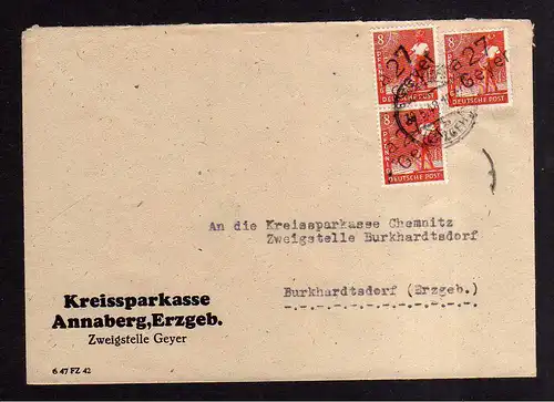 h1244 Brief Handstempel Bezirk 27 Geyer 3x 8 30.6.48 Kreissparkasse Annaberg Zwe