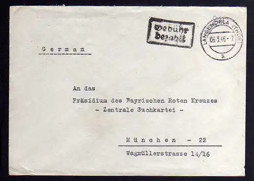 B995 SBZ Brief Gebühr bezahlt 1946 Langenorla Kr. Saalfeld an Zentrale Suchkarte