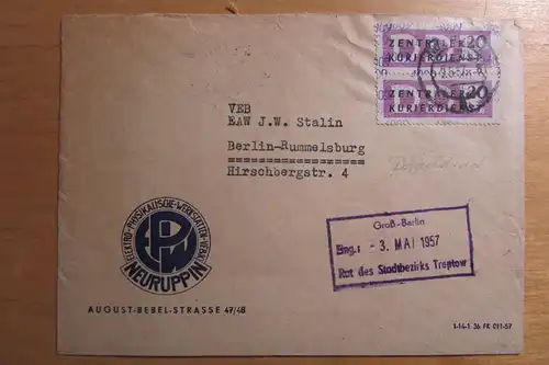 DDR Aufdruck Kontrollzahlen 4009 Neuruppin ZKD 2x 11 Brief EPW an Elektro Appara