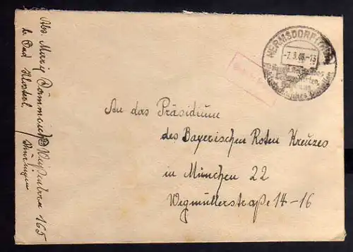 B971 SBZ Brief Gebühr bezahlt 1946 Hermsdorf Thür. an Zentrale Suchkartei Münche