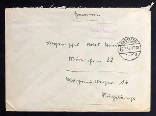B935 SBZ Brief Gebühr bezahlt 1946 Geraberg an Zentrale Suchkartei München